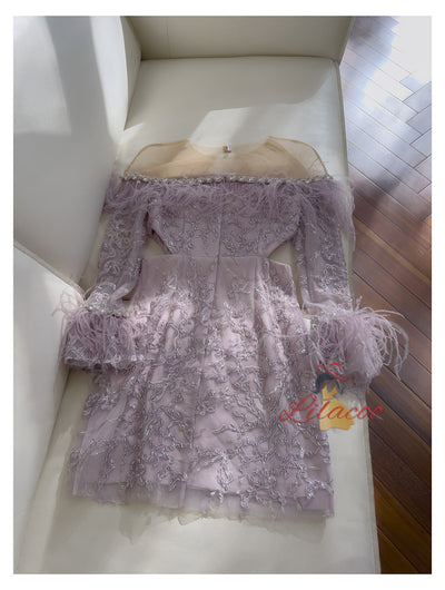 Purple Long Sleeve Lace Beading Short Prom Dress