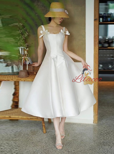 White Satin Straps Beading Wedding Dress