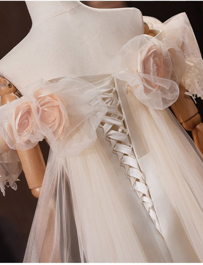 Sexy Light Champagne Tulle Flower Wedding Dress