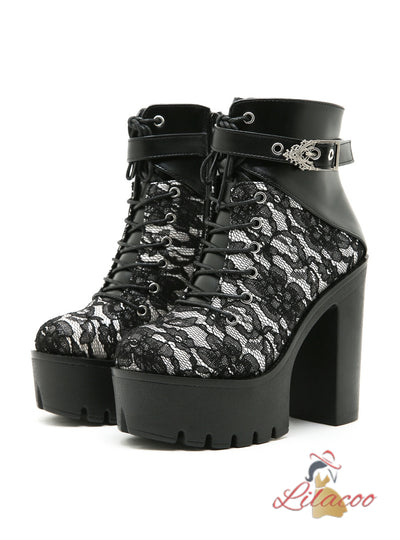 Retro Lace Red High-heeled Thick-heeled Platform Boots