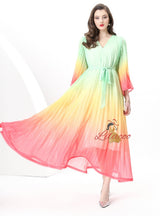 V-neck Flared Sleeve Gradient Dress