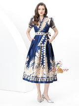 Short-sleeved V-neck Slim Printed Dress