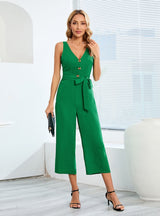Sleeveless Button V-neck Jumpsuit