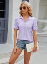 Solid Color Lapel Short Sleeve Pleated Loose T-shirt