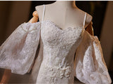White Mermaid Lace Puff Sleeve Wedding Dress