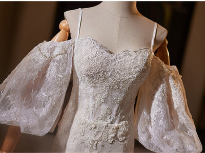 White Mermaid Lace Puff Sleeve Wedding Dress