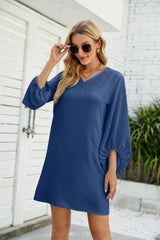 V-neck Bubble Sleeve Loose Dress
