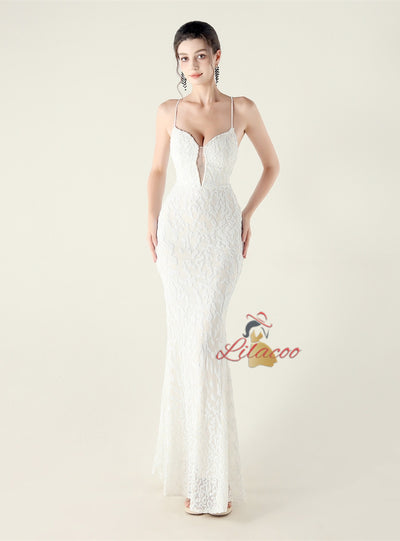 Spaghetti Straps Mermaid Sequins Beading Prom Dress