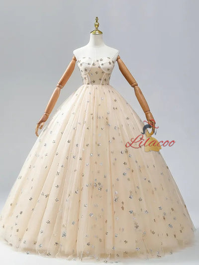 Champagne Tulle Sequins Long Sleeve Quinceanera Dress