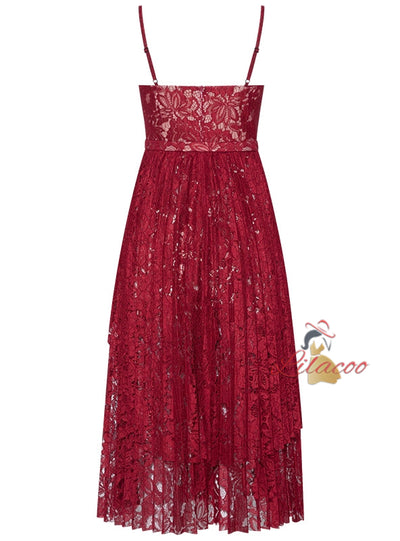 Burgundy Lace Spaghetti Straps Prom Dress