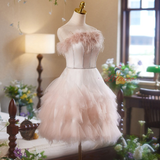 Pink Tulle Strapless Feather Homecoming Dress
