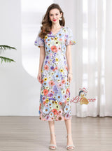 V-neck Bubble Sleeve Slim Three-dimensional Flower Dress