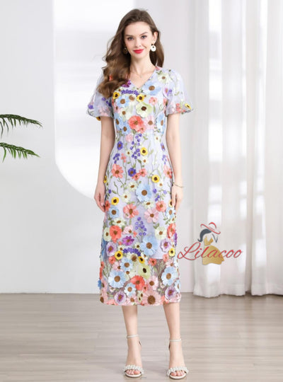 V-neck Bubble Sleeve Slim Three-dimensional Flower Dress
