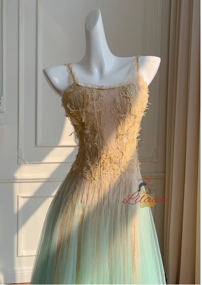 Green Tulle Lace Straps Prom Dress