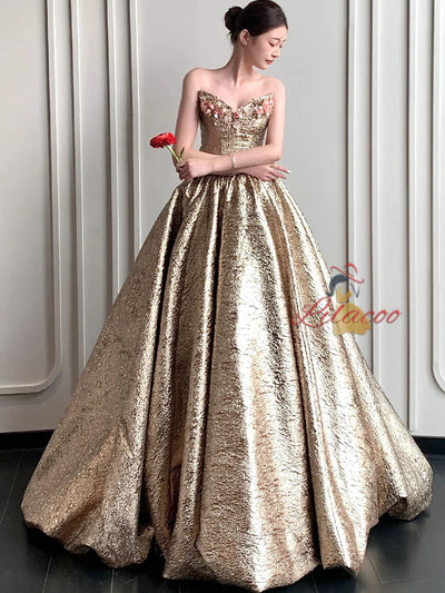 Champagne Gold Off the Shoulder Flower Prom Dress