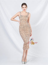Sheath Sequins Straps Tea Length Prom Dress