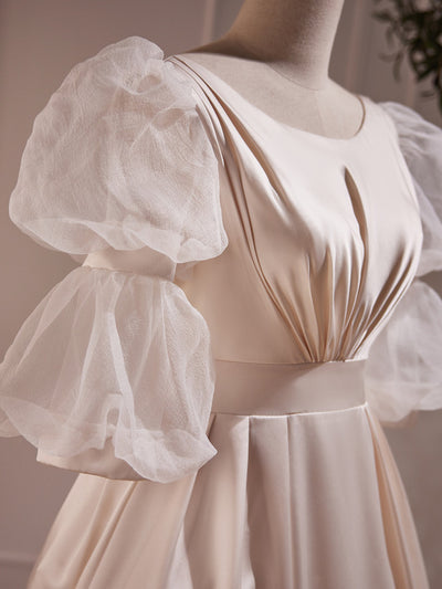 Ivory Satin Lace Short Sleeve Wedding Dress