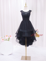 Black Tulle Appliques Beading Hi Lo Prom Dress