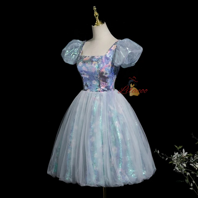 Blue Tulle Sequins Puff Sleeve Homecoming Dress