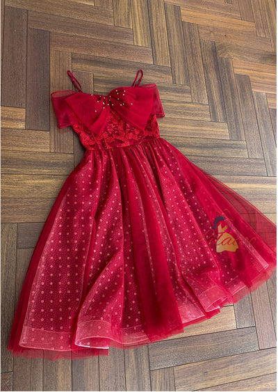 Wine Red Suspender Bow Gauze Dress