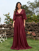 Navy Blue V-neck Appliques Prom Dress