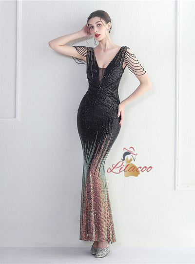 V-neck Sequins Beading Prom Dress