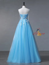 Blue Tulle Spaghetti Straps 3D Appliques Prom Dress