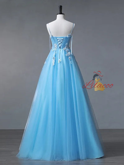 Blue Tulle Spaghetti Straps 3D Appliques Prom Dress