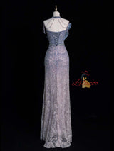 Gray Blue Mermaid Sequins Beading Prom Dress