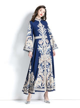 Retro Printed Round Neck Flared Sleeve Dress