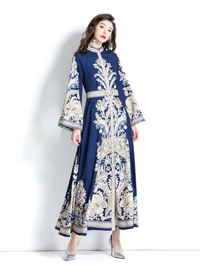 Retro Printed Round Neck Flared Sleeve Dress