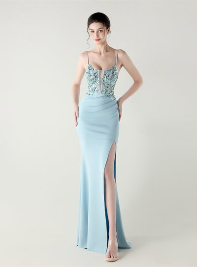 Mermaid Spaghetti Straps Appliques Split Prom Dress