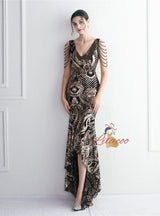 Hi Lo V-neck Sequins Beading Prom Dress