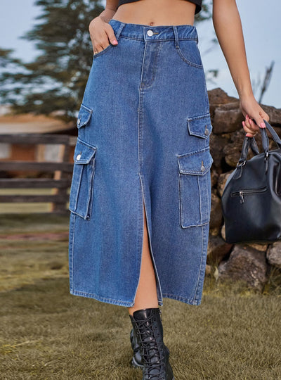Elastic Waist Denim Casual Long Skirt