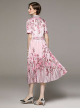Printed Short-sleeved Pleated Dress