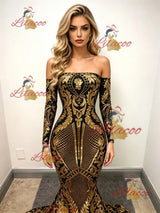 Gold Mermaid Sequins Long Sleeve Prom Dress
