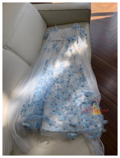 White Tulle Straps Butterfly Prom Dress
