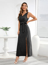 Sleeveless V-neck Shiny Split Dress