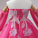 Fuchsia Long Sleeve Sequins Appliques Prom Dress