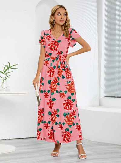 Short-sleeved V-neck Rose Print Dress