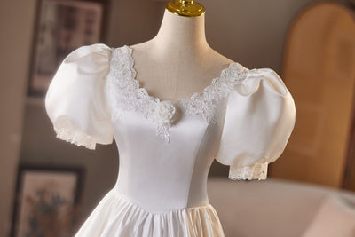 White Satin Lace Puff Sleeve Wedding Dress