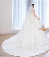 Ivory White Satin Strapless Pleats Wedding Dress