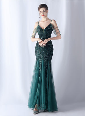 Sequins Tulle Straps Beading Prom Dress