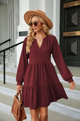Solid Color V-neck Pleated Long Sleeve Dress