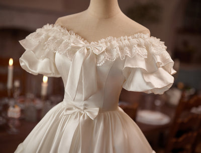 White Satin Lace Short Sleeve Wedding Dress