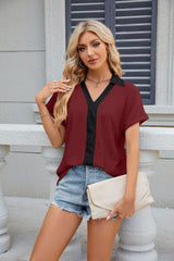 V-neck Contrast Short Sleeve Loose T-shirt