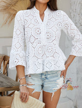 Casual Solid Color Hollow V-neck Shirt