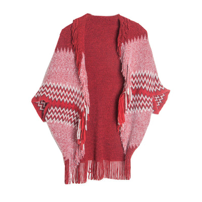 Ladies Knitted Bat Sleeve Fringed Shawl