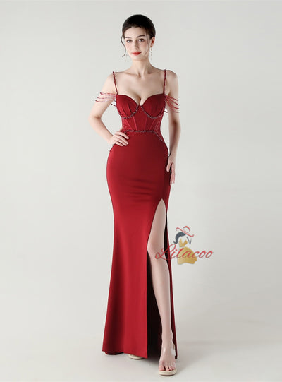 Mermaid Spaghetti Straps Beading Split Prom Dress