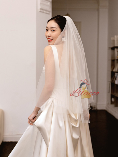 White Satin Straps Pleats Wedding Dress